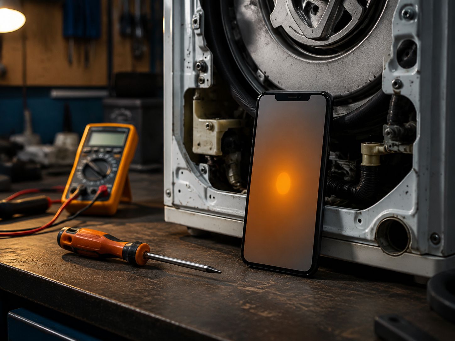 Smartphone met een binnenkomende oproep naast gereedschap op een reparatiewerkbank met een opengewerkt apparaat