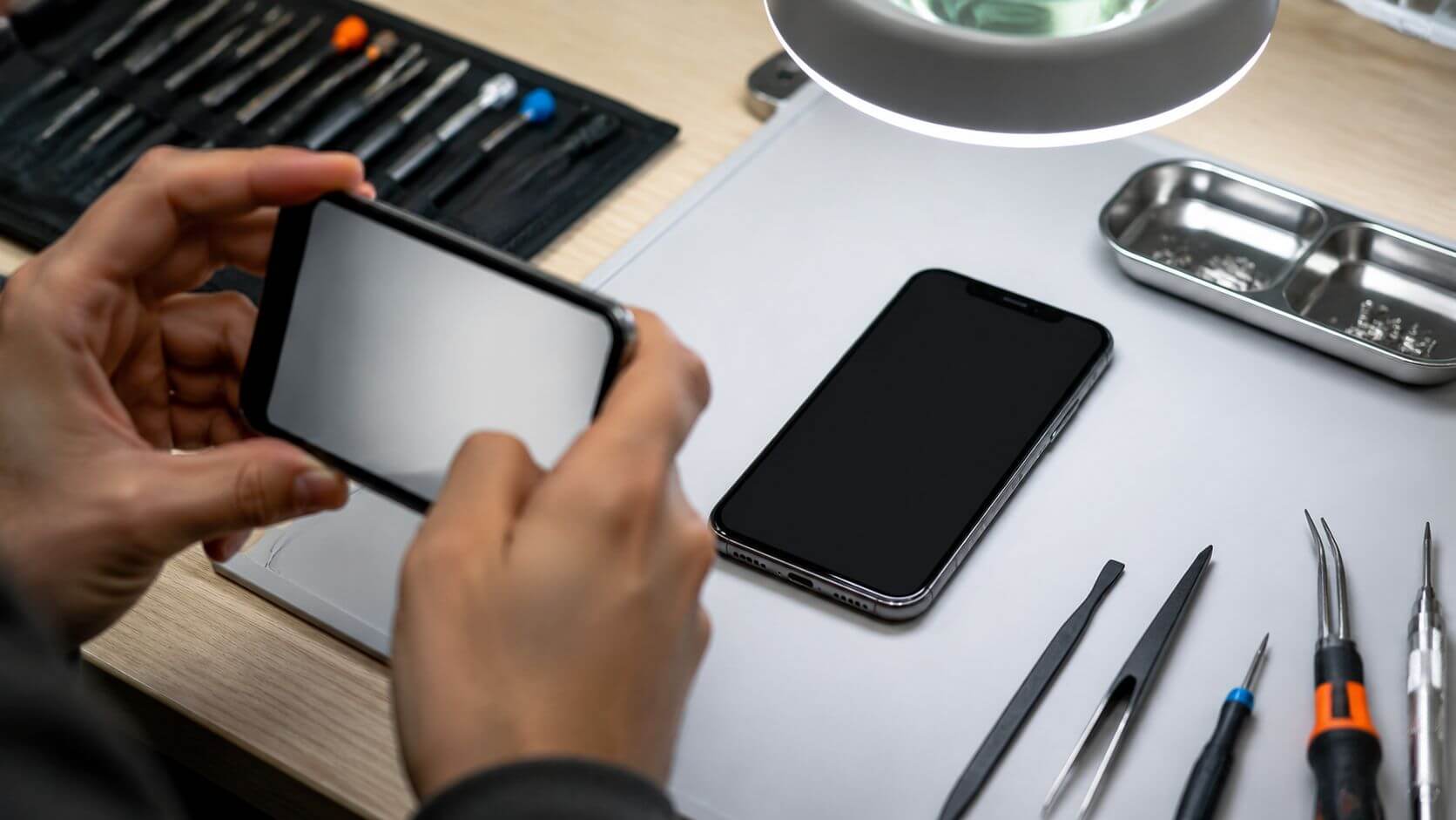 Reparateur maakt een foto van een gerepareerde smartphone op de werkbank; het scherm is bewust uitgeschakeld, gereedschap en onderdelen liggen eromheen
