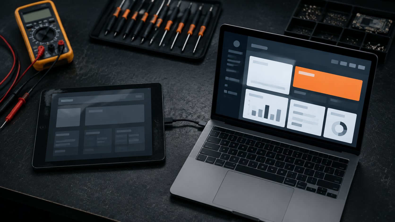 Reparateur exporteert reparatie-tickets en voorraadlijst uit oude werkplaatssoftware op een laptop naast een opengewerkt apparaat en precisiegereedschap