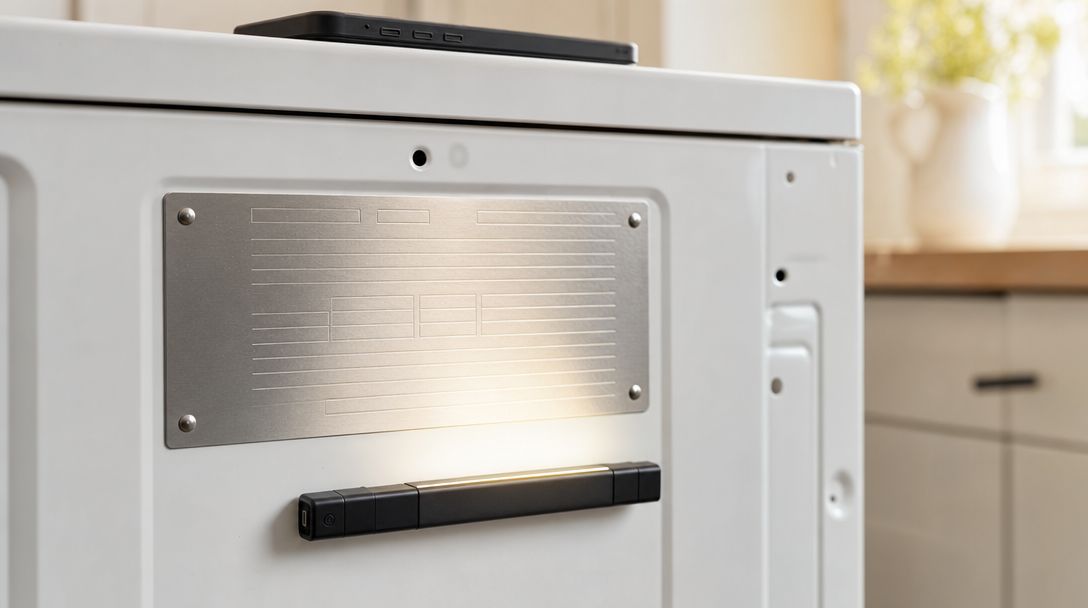 Typeplaatje op de achterkant van een witte wasmachine met een werklamp erlangs