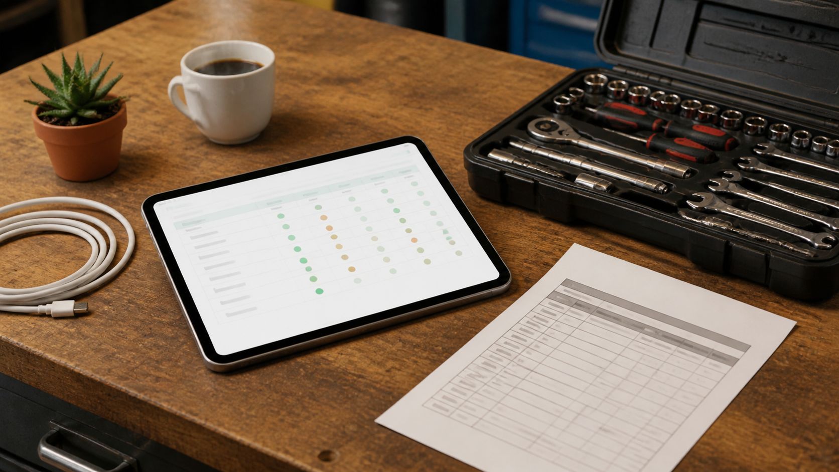 Een werkbank met een tablet die een spreadsheet toont met 6 abstracte kolommen, een schroevendraaier-set, een notitieblok en een mok koffie op een houten tafel naast een stuk gereedschap in zachte ochtendzon