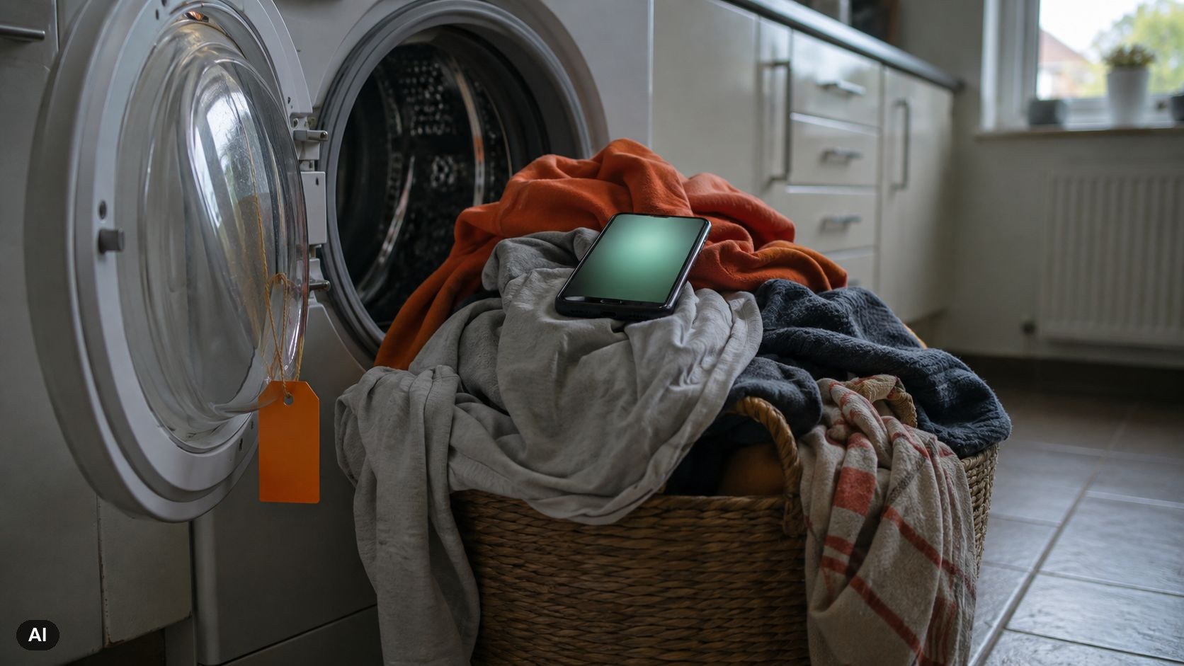 Volle wasmand op een keukenvloer naast een openstaande wasmachine met een oranje reparatielabel aan de deur en een telefoon bovenop de was