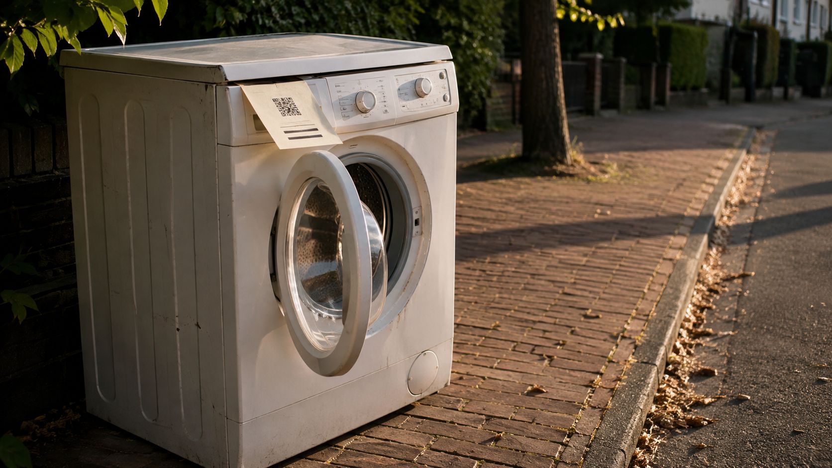 Afgedankte wasmachine aan de stoeprand in een Nederlandse straat met het kaartje van een reparatiebedrijf onder de klep