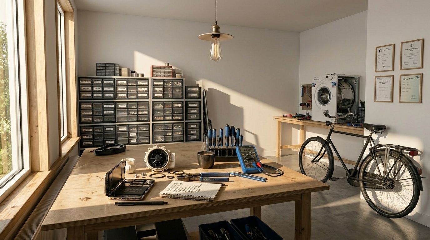 Werkbalie close-up: een opengewerkte smartphone naast een geopende wasmachine-pomp en een fiets-binnenband op een werkblad, schroevendraaier en multimeter, een notitieboekje met handgeschreven categorieën-lijstje, ochtendlicht door een groot raam