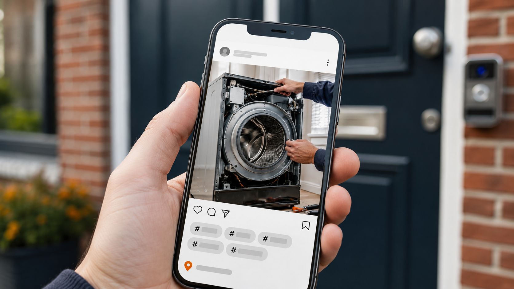 Instagram-post van een reparatiebedrijf op een telefoon in de werkplaats, met lokale hashtags onder een foto van een opengewerkte wasmachine