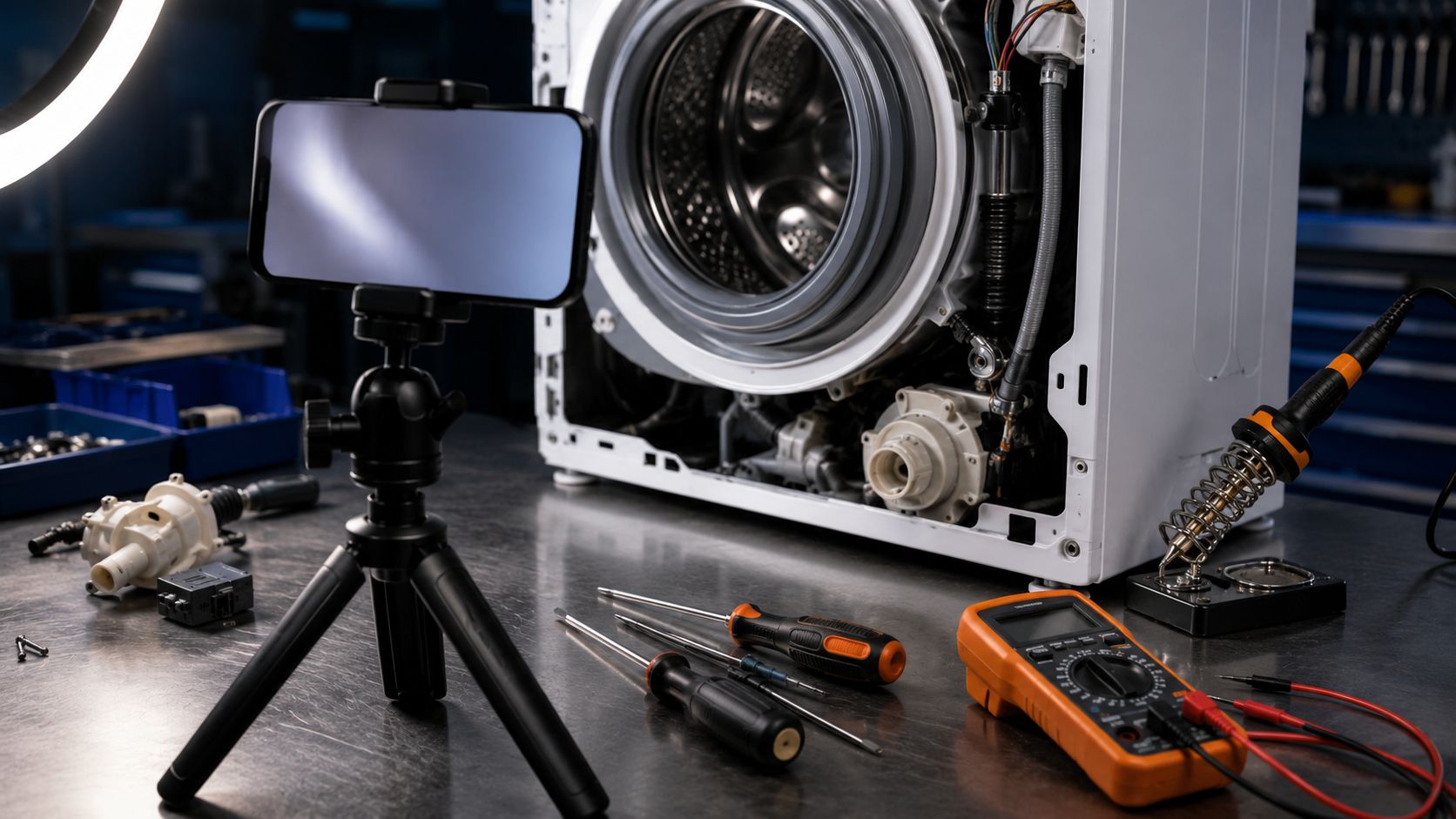 Smartphone op een statief filmt een opengewerkte wasmachine op een werkbank met soldeerbout en gereedschap, ringlamp-licht