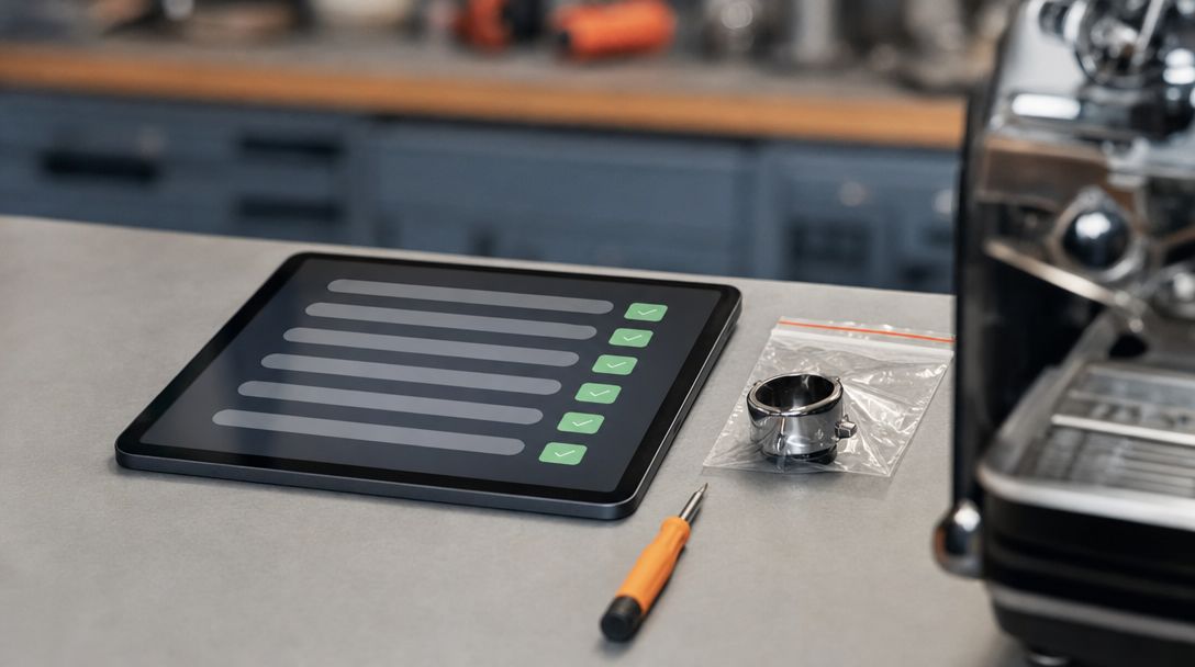 Tablet met ingevuld intake-formulier en reserveonderdeel op de balie van een reparatiezaak