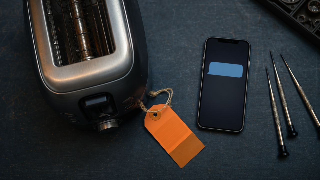 Close-up van een gerepareerd apparaat met een gekleurd reparatielabel en een smartphone die het bijbehorende klantbericht toont