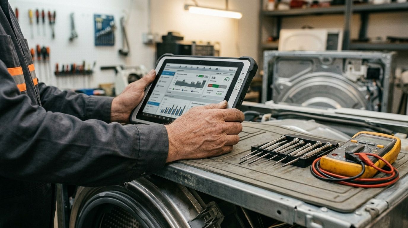 Monteur tekent klus af op tablet, kapotte wasmachine ernaast met open klep, gereedschap netjes opgeborgen