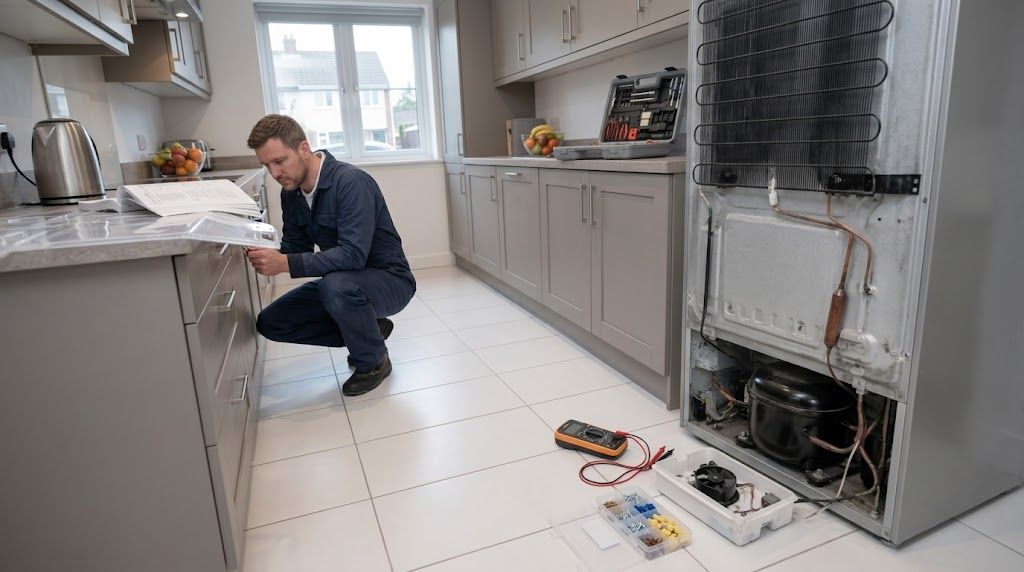 Reparateur werkt aan een open koelkast in een Nederlandse keuken, multimeter en compressor-onderdelen op de keukenvloer