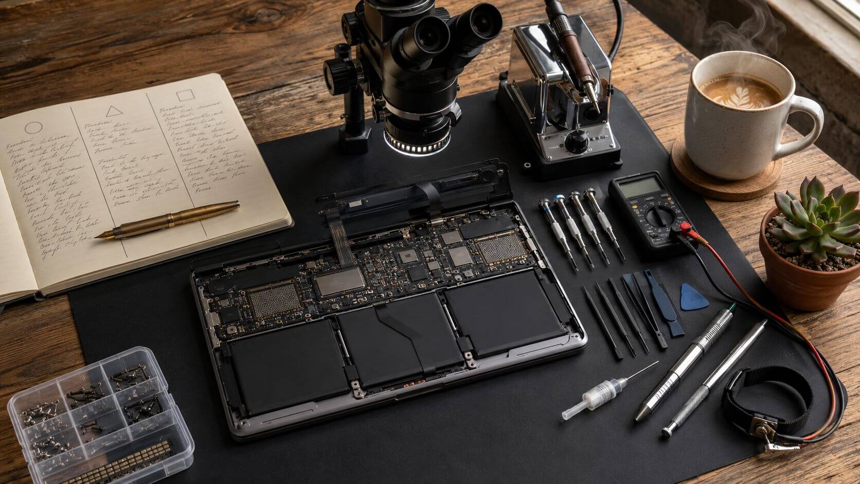 Laptop-reparatie werkbank: open MacBook-onderkant met motherboard, batterij-cells en scherm-module gedemonteerd, naast reflow-station en stereo-microscoop