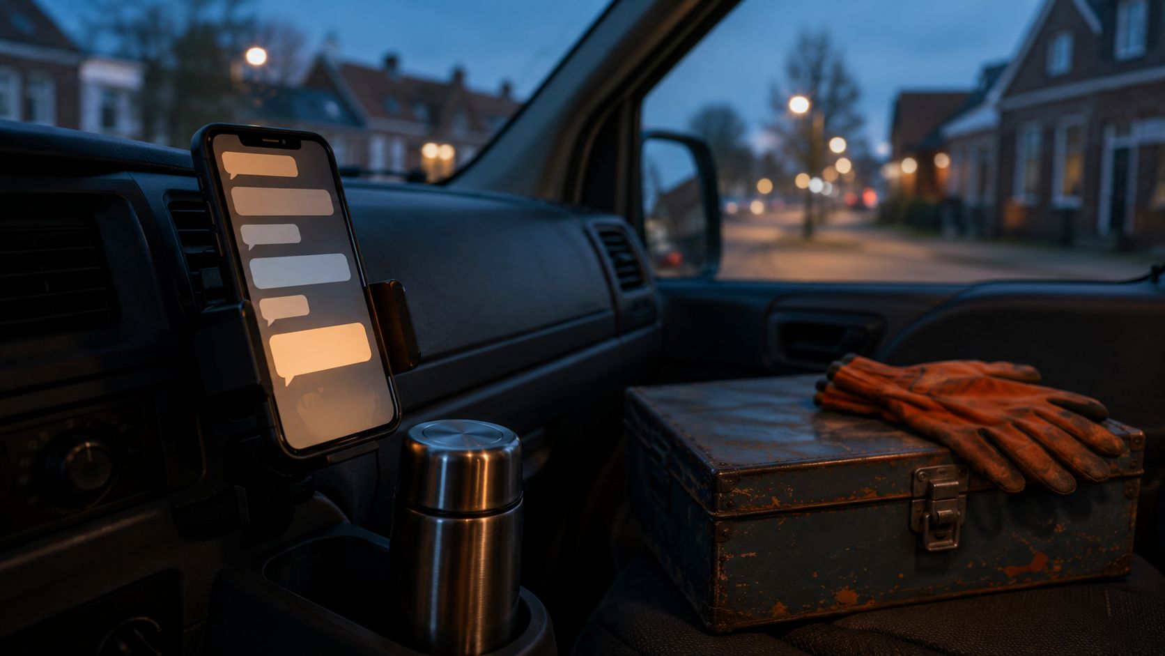 Smartphone in een dashboardhouder van een werkbus met oplichtende chatmelding, met gereedschapskist en werkhandschoenen op de bijrijdersstoel