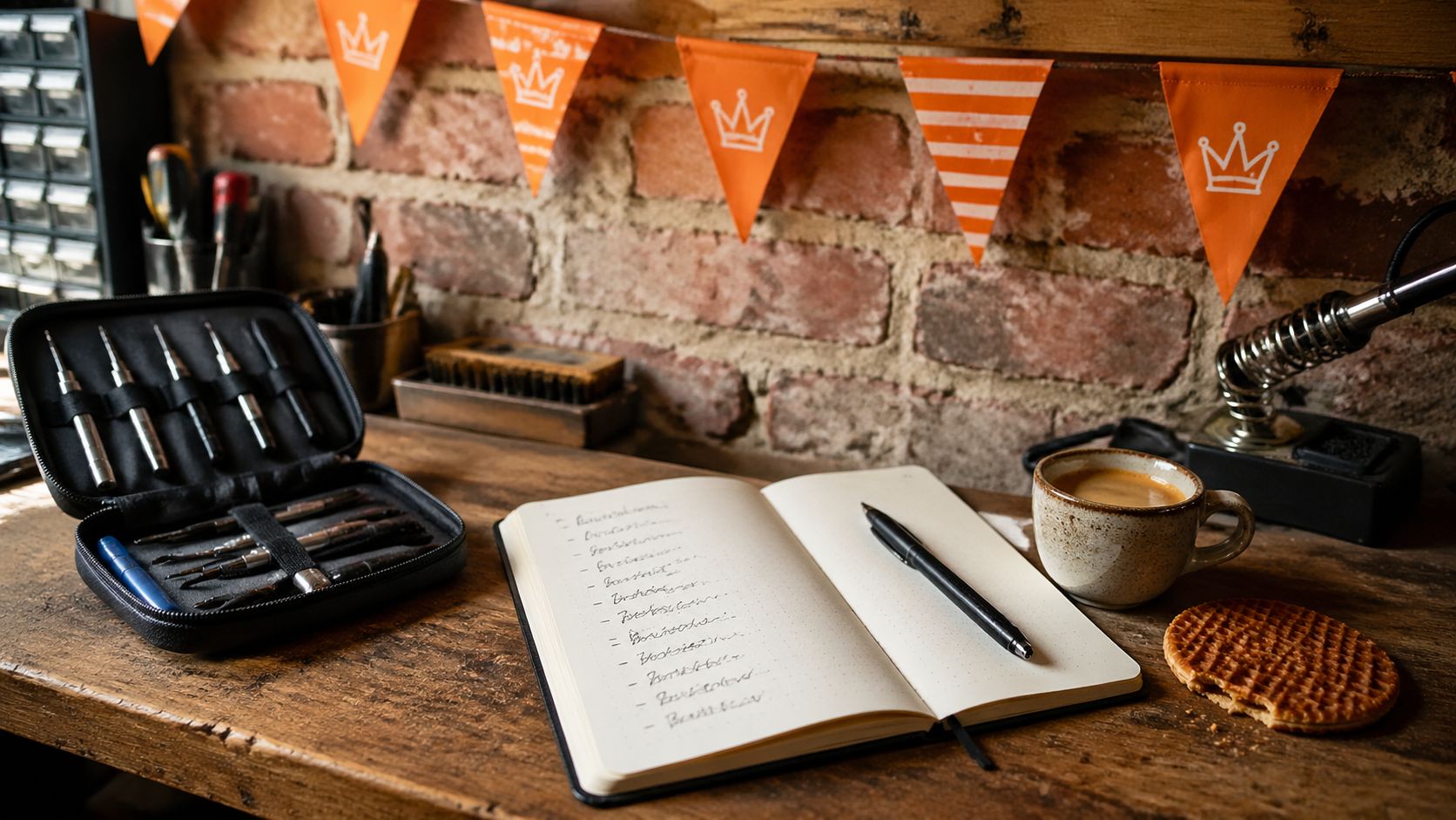 Smartphone met opgeschreven brainstorm-namen op een werkbank in een werkplaats, naast oranje Koningsdag-decoratie, gereedschap en een stroopwafel