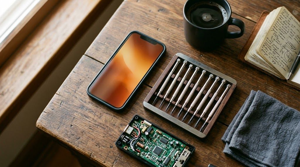 Reparatiemonteur smartphone en notitieboek op werkbank, koffie, warme werkplaats licht