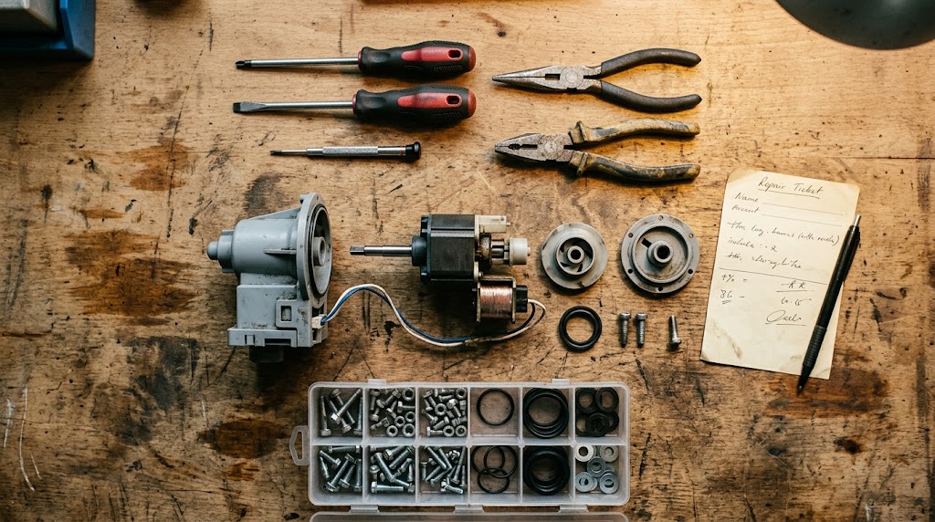 Reparatiegereedschap en werkorder op een werkbank