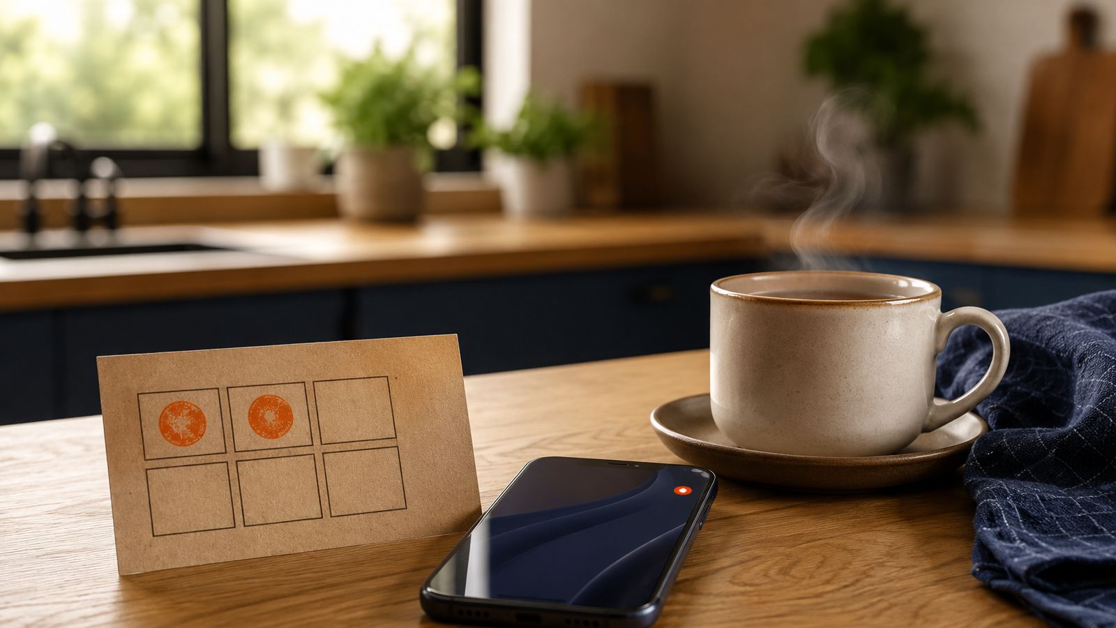 Onderhoudskaart en telefoon met boekingsbevestiging op een keukenaanrecht