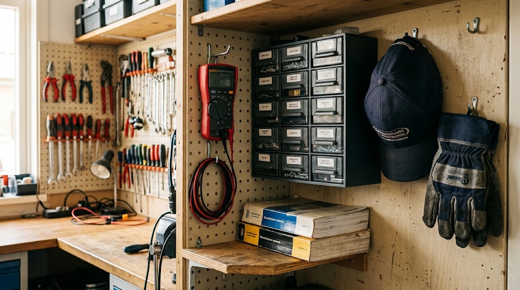 Gereedschap en onderdelen op een reparatiewerkbank