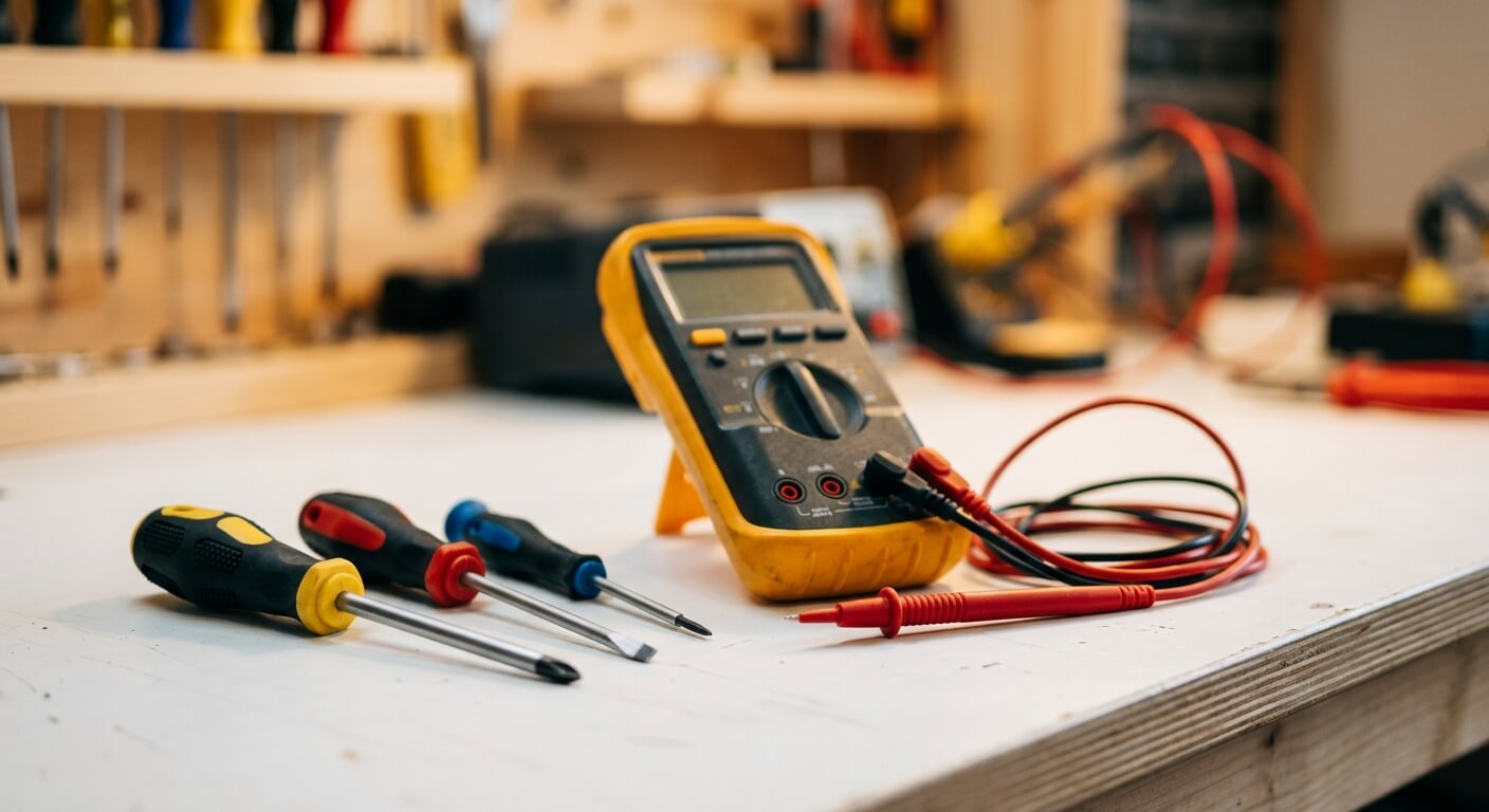 Gereedschapskoffer van een reparatiemonteur open op een keukenaanrecht