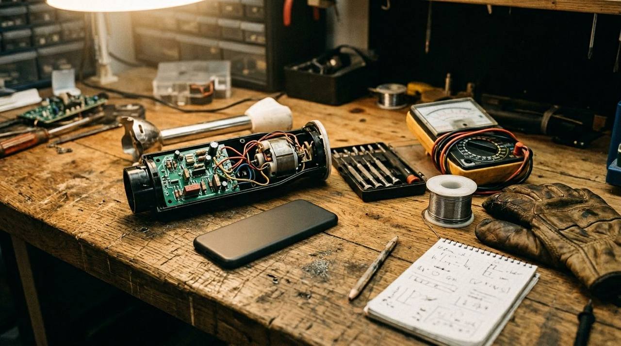 Werkplaats van een reparatiebedrijf met geopende koffiemachine, gereedschap en notitieboek met categorie-aantekeningen