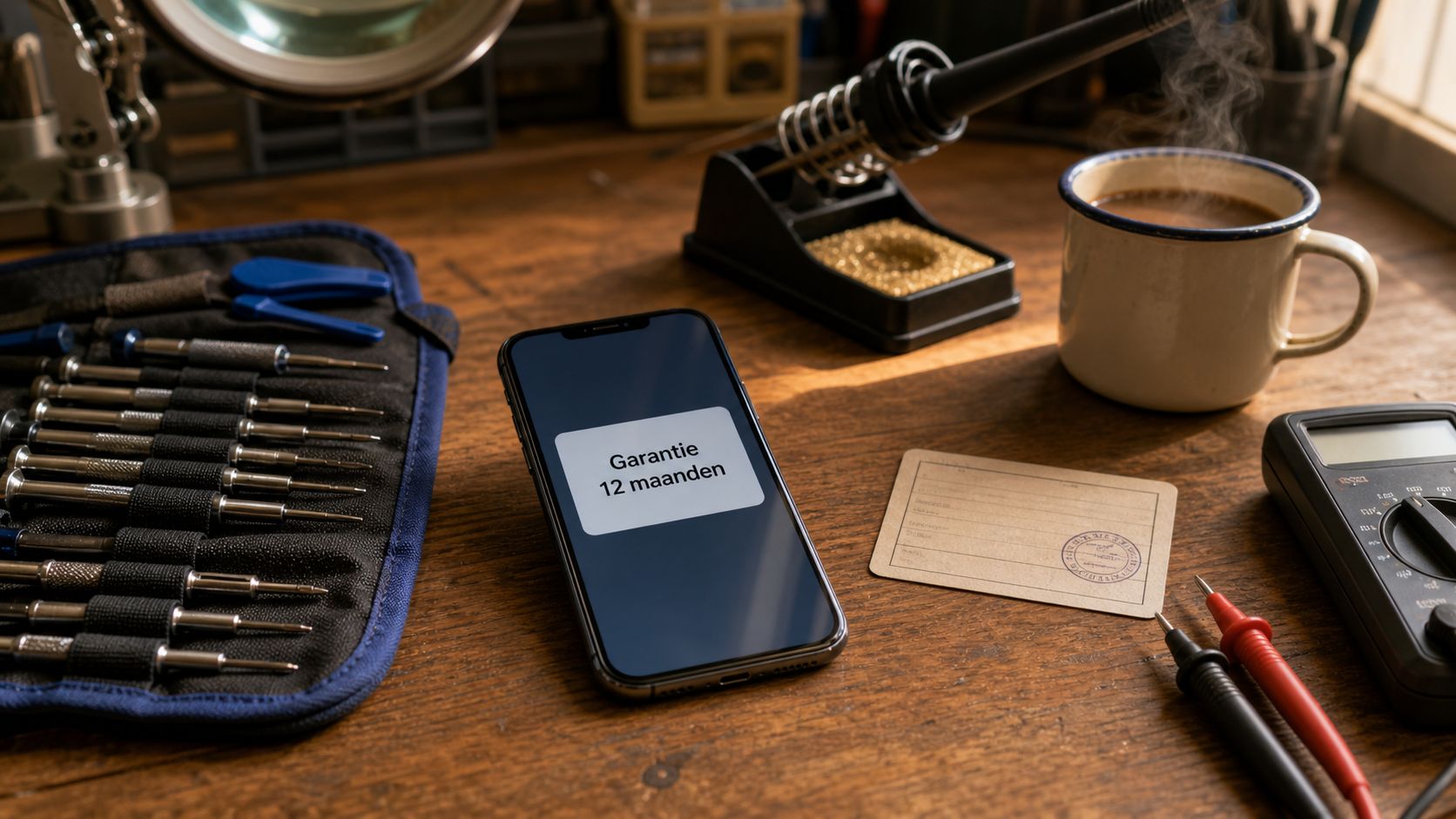 Werkbank van een reparateur met smartphone, soldeerbout, multimeter, garantiekaart en koffie