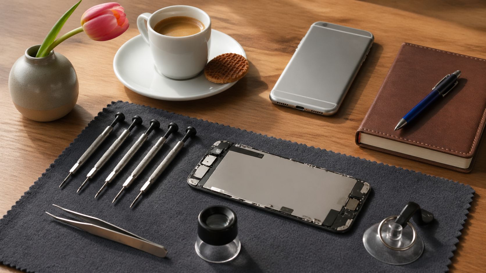 Reparatie werkbank close-up: precisie-schroevendraaiers, pincet, smartphone, koffiebeker en notitieblok in zacht werkplaatslicht