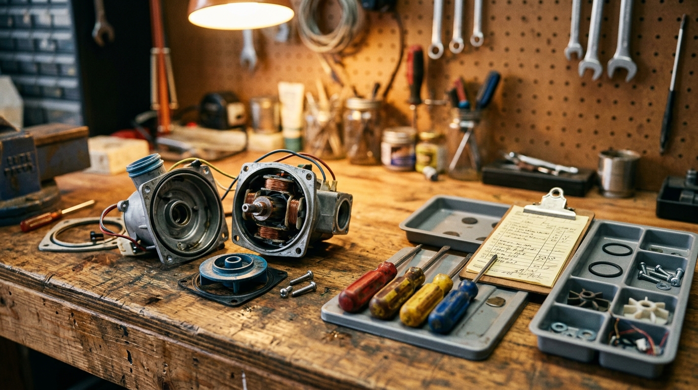 Gereedschap en onderdelen op een reparatiewerkbank
