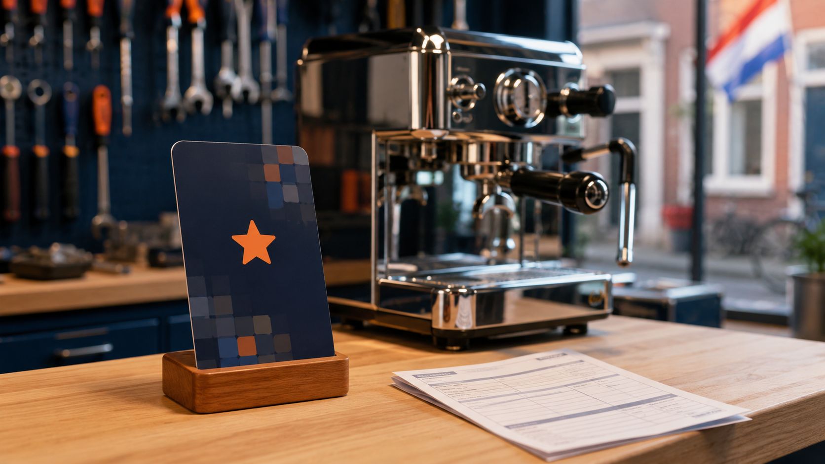 NFC review kaart en QR-bordje op de balie van een reparatiewerkplaats