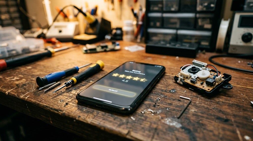 Reparatie gereedschap en smartphone op werkbank