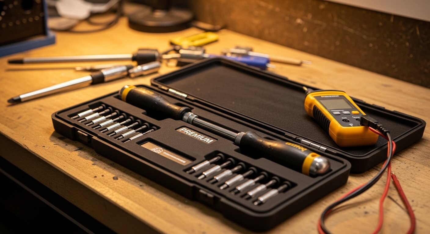 Gereedschapskoffer open op een keukenaanrecht, reparatie setting