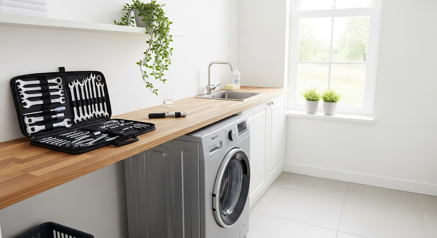 Wasmachine in een nette Nederlandse bijkeuken met reparatiegereedschap