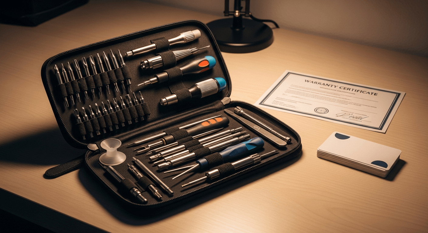 Reparatietoolkit naast garantiedocument en visitekaartjes op werkbank