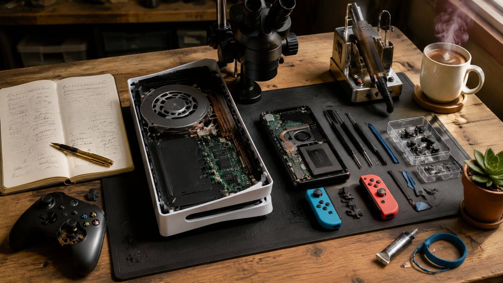 Spelconsole-reparatie werkbank met geopende PS5, Xbox Series X en Nintendo Switch joycons, naast hot-air-rework-station en microscoop