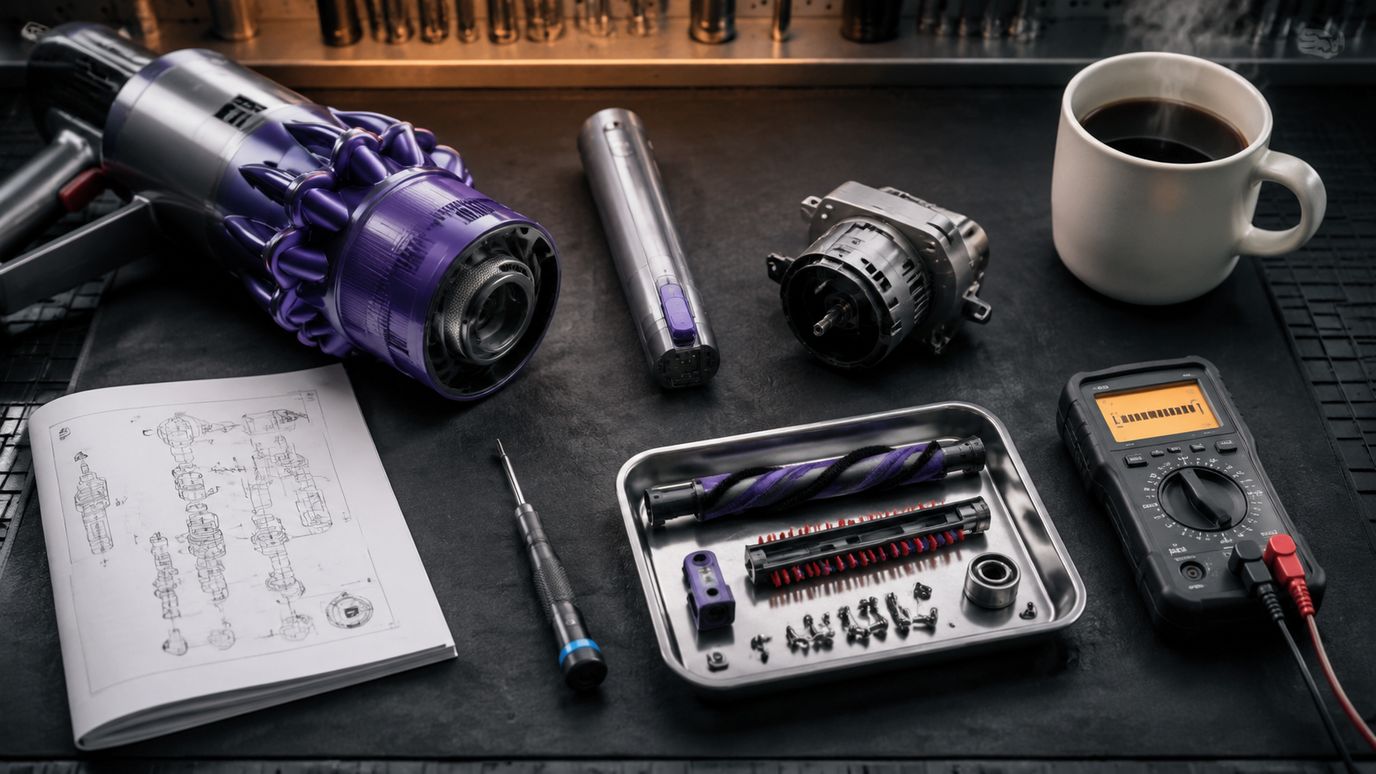 ESD-reparatiebedrijf werkbank met Dyson stick stofzuiger uit elkaar, reserve-accu, schroefjes en koffiemok