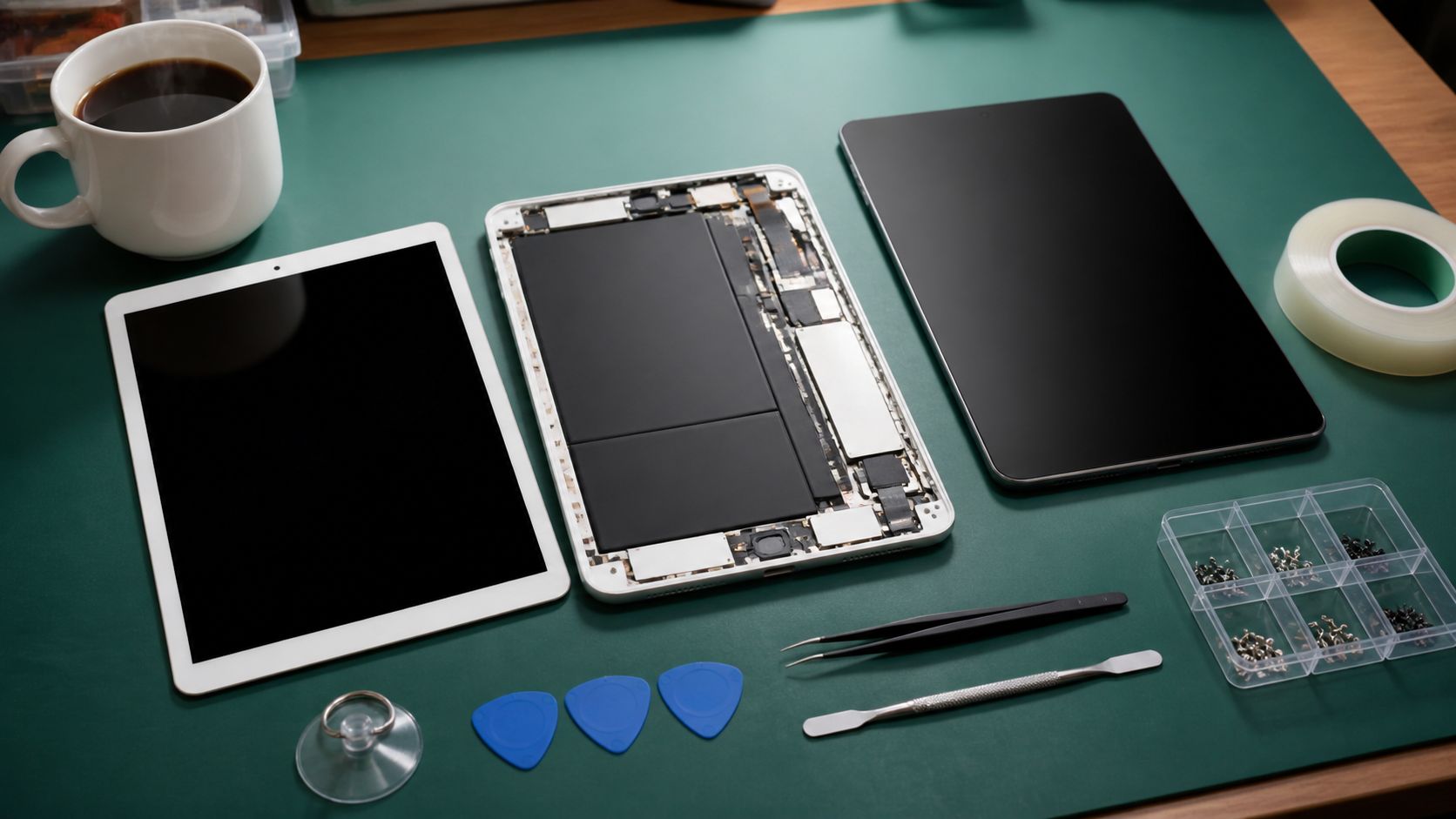 Werkbank van een reparateur met opengewerkte iPad, Samsung tablet, gereedschap, koffie