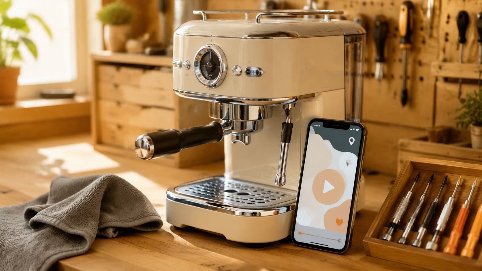 Net gerepareerd koffiezetapparaat op een houten werkbank naast een telefoon die een korte reparatievideo toont