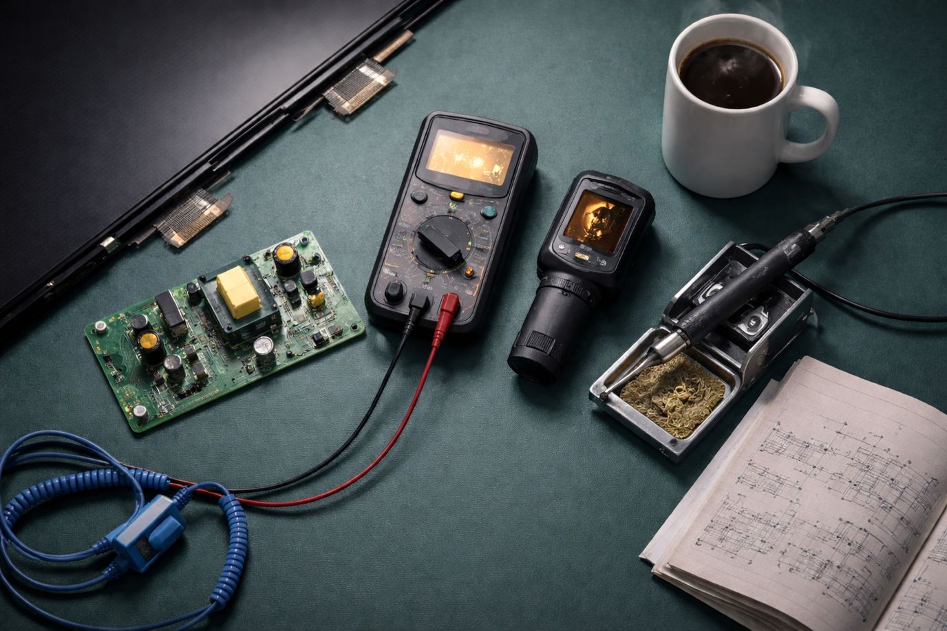 Werkbank reparatiebedrijf met OLED-panel deel, ESD-mat, multimeter en thermische camera