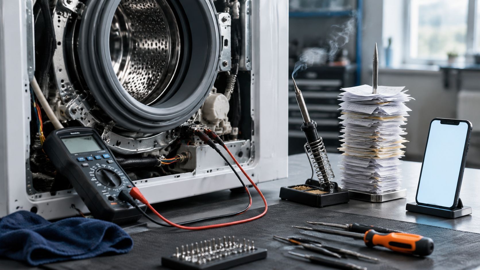 Reparatiewerkplaats met opengewerkte koelkast en wasmachine, gereedschap en multimeter op de werkbank, een monteur aan het werk in donkerblauwe werkkleding met oranje accent