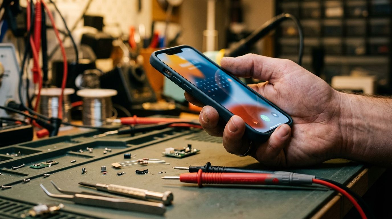 Reparatie-monteur kijkt op zijn telefoon naar een binnenkomende afspraak in een werkplaats vol gereedschappen