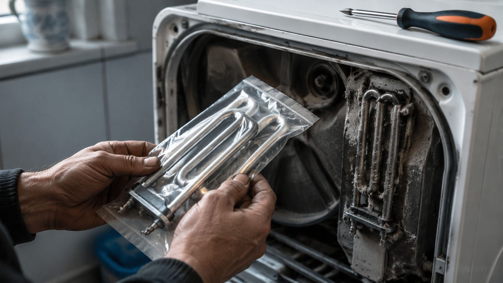 Werkbank in een reparatiewerkplaats met opengewerkte trommel, multimeter en precisiegereedschap