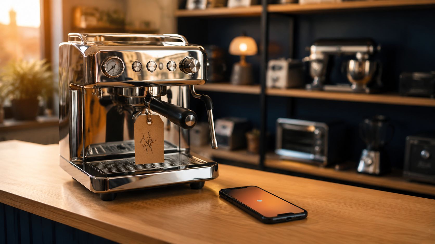 Gerepareerde espressomachine met label en oplichtende telefoon op de balie van een reparatiebedrijf
