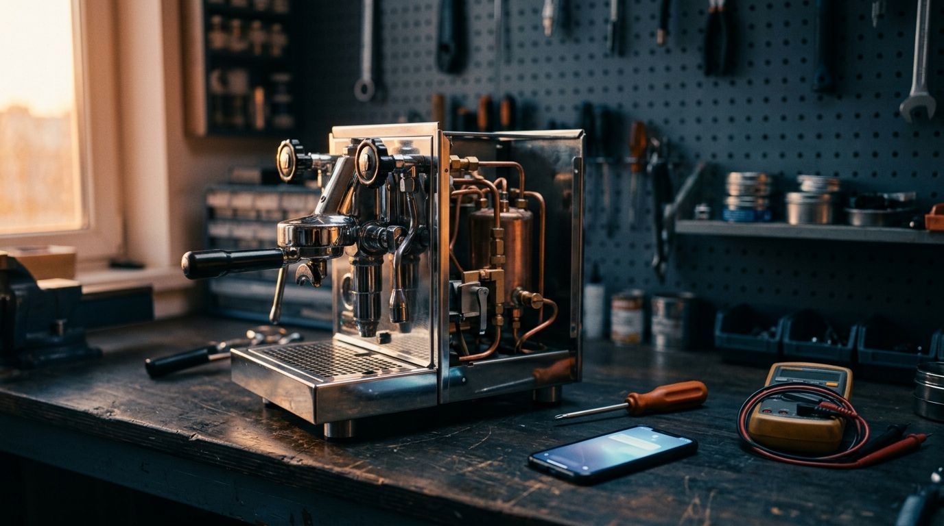 Opengewerkte espressomachine op een werkbank met multimeter en precisiegereedschap in een reparatiewerkplaats