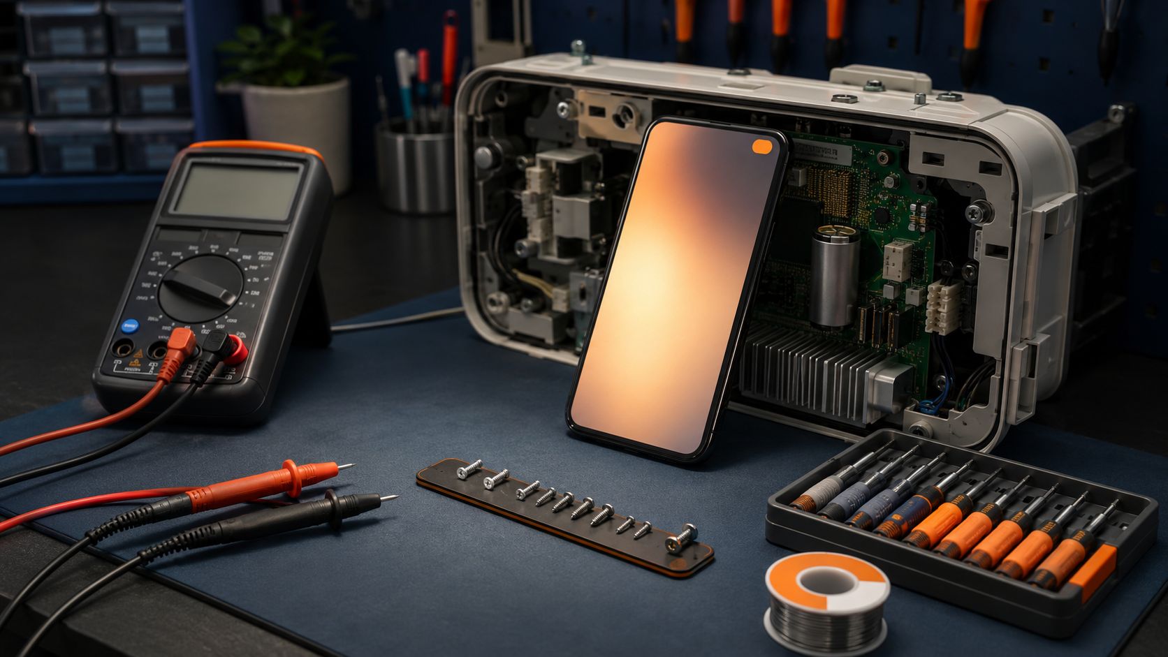 Vier genummerde kaartjes met de welkom-mailflow naast een smartphone op een reparatiewerkbank