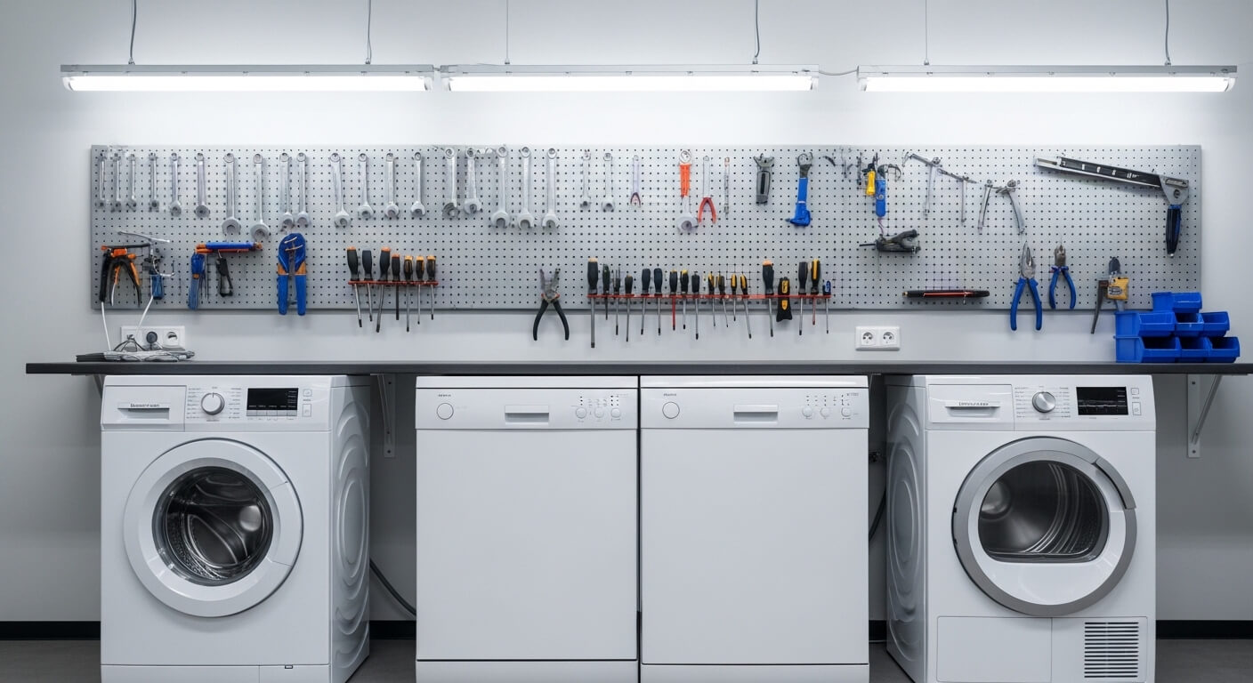 Georganiseerde reparatiewerkplaats met apparaten en gereedschap