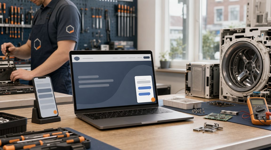 Laptop met chatbot widget voor reparateur website
