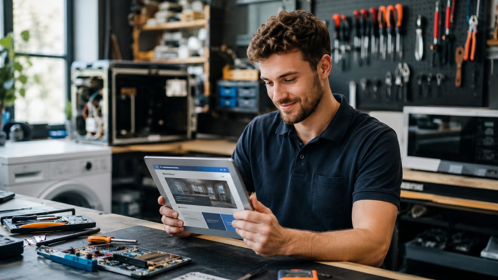 Reparateurs eigenaar bekijkt nieuwe website preview op tablet