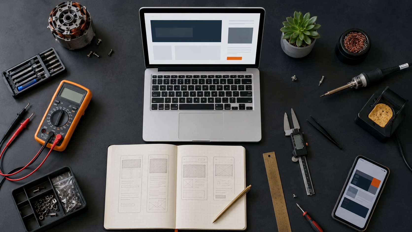 Top-down flat-lay van reparateur website ontwerpproces met wireframe schetsen
