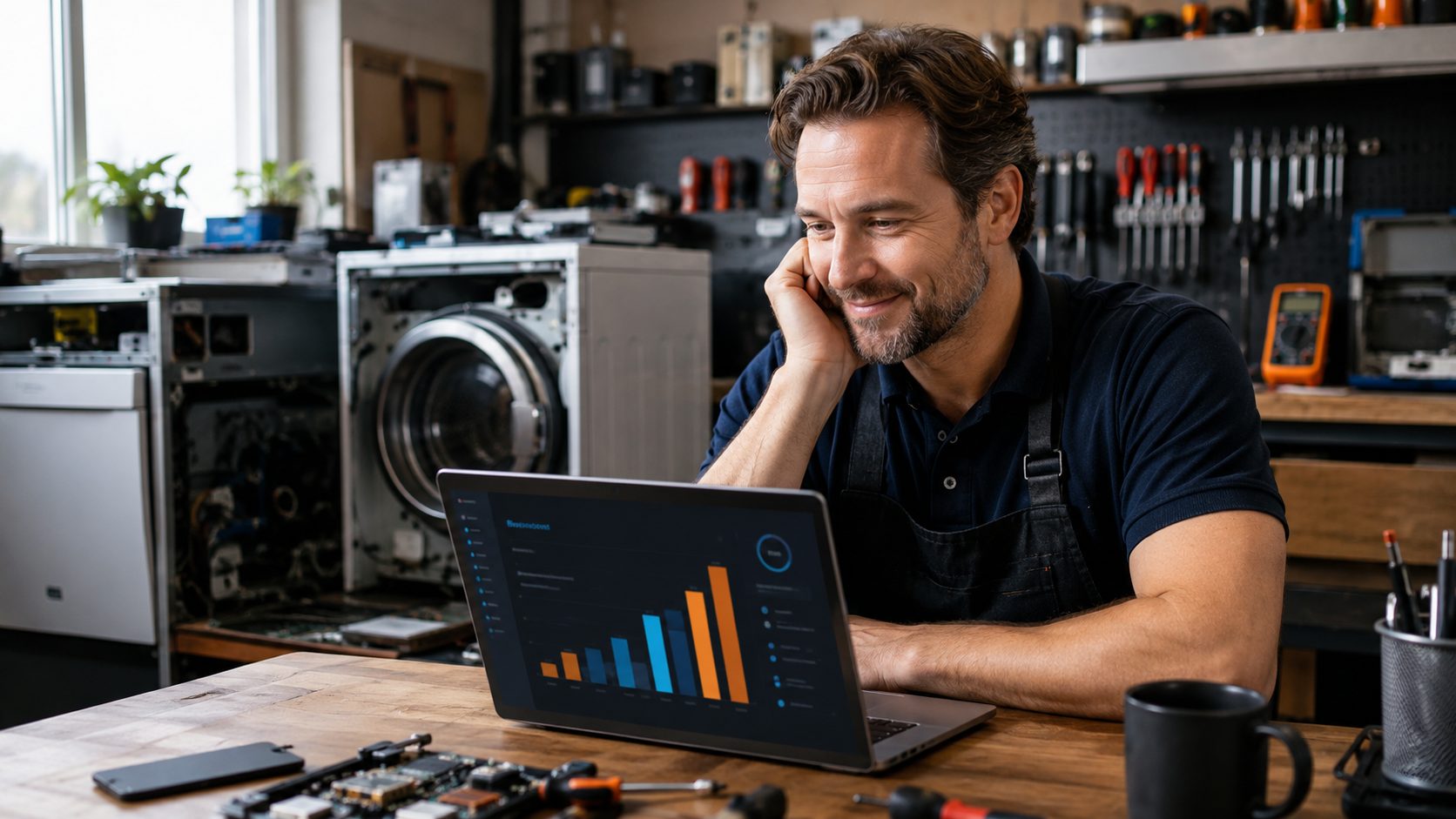 Reparateurs eigenaar bekijkt review analytics dashboard
