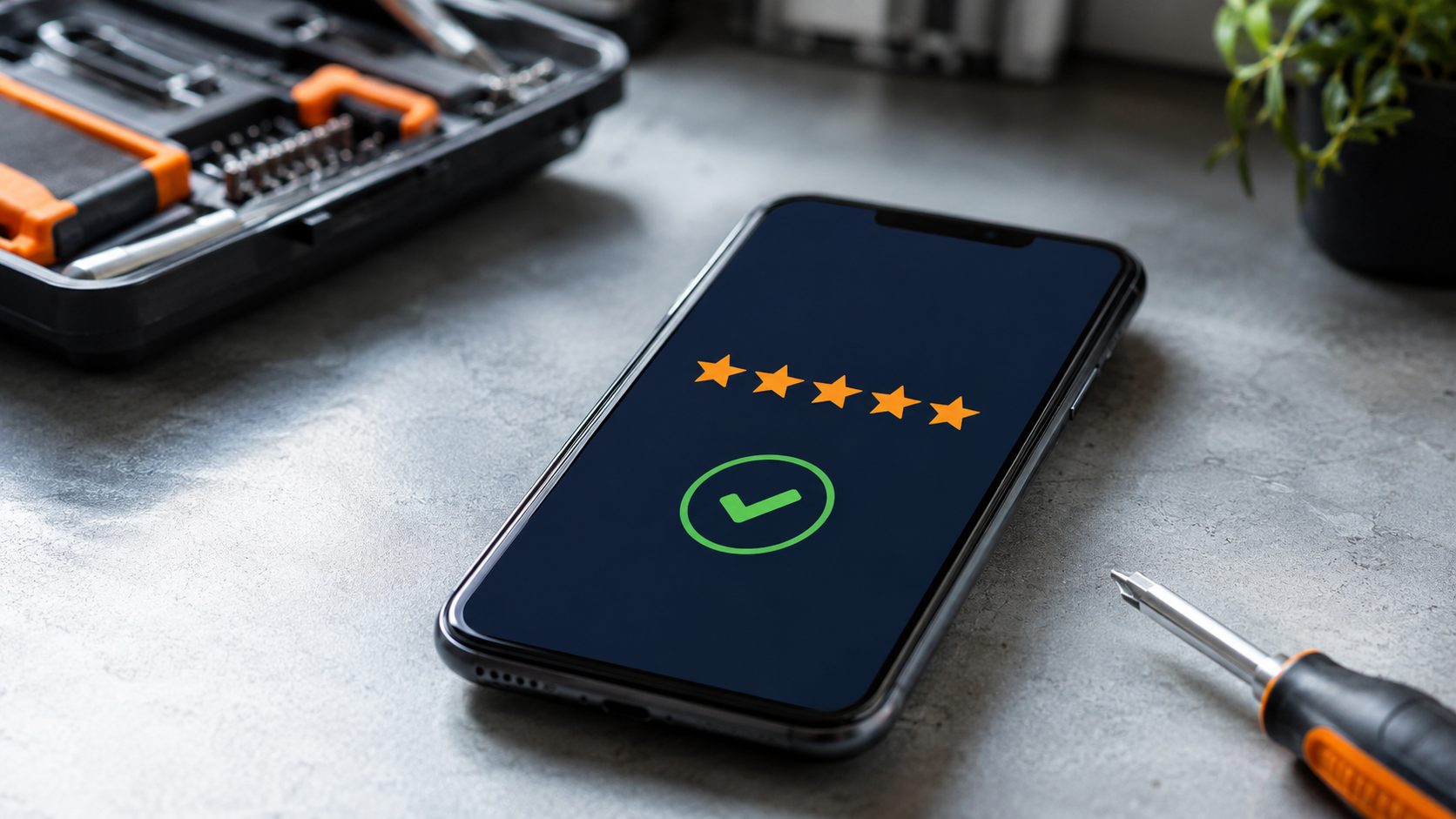 5-sterren review op smartphone — Google review na reparateur klus