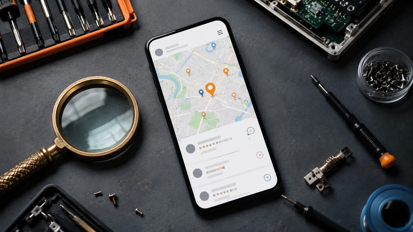 Google Maps listing voor reparateur-bedrijf op smartphone