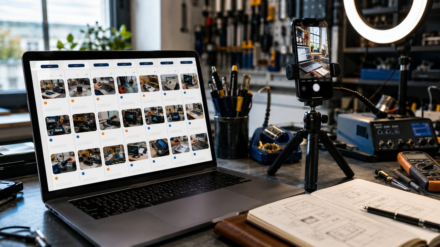 Content planner met ring-light setup